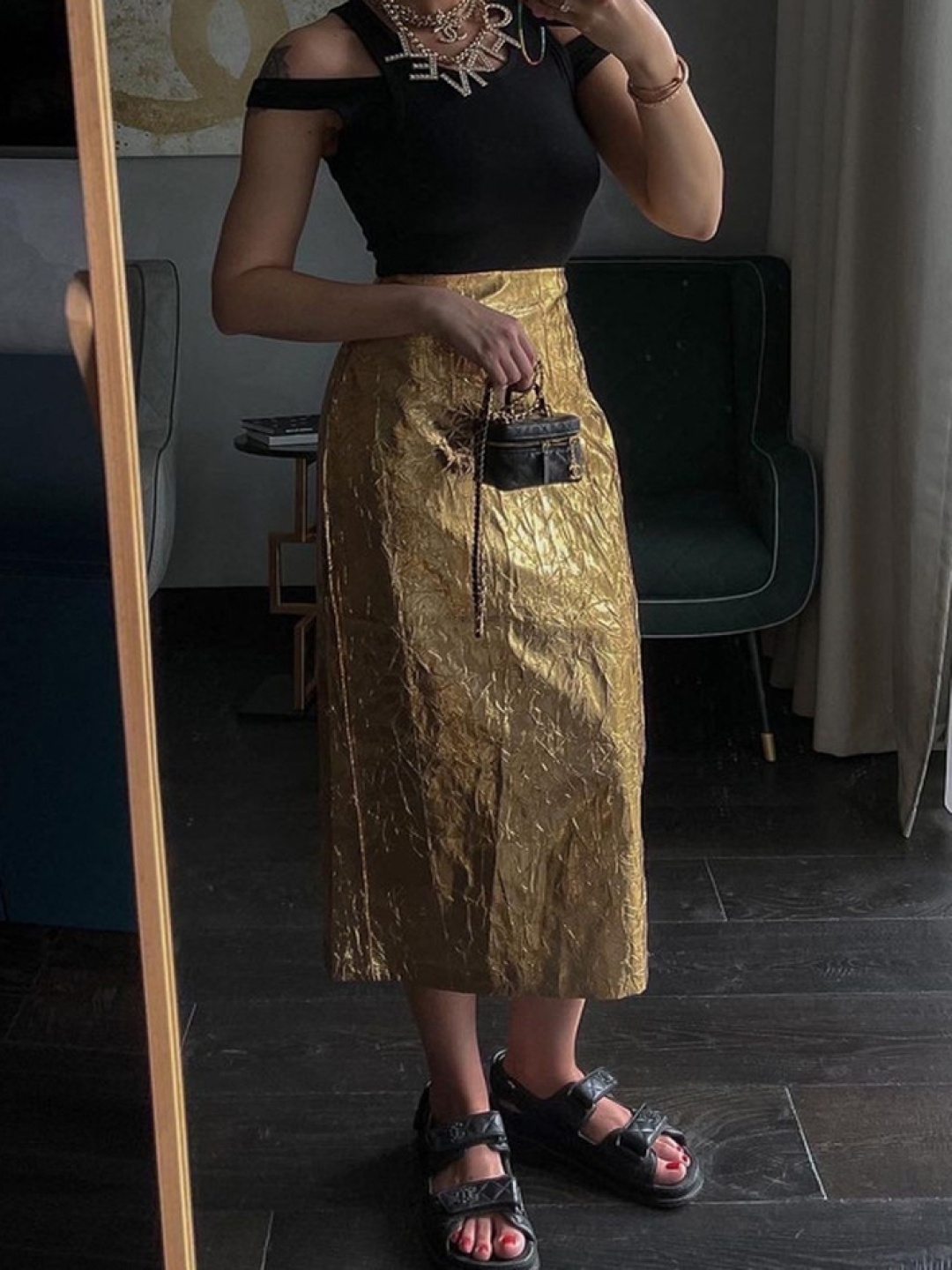 

LULU & SKY Women Texture Straight Midi Skirt, Gold