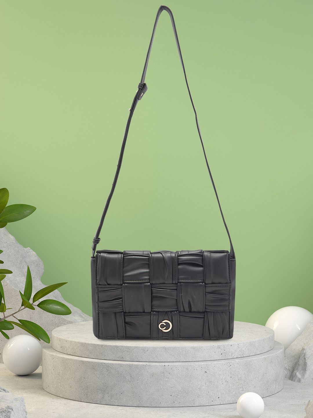 

Caprese Textured PU Structured Sling Bag with Quilted, Black