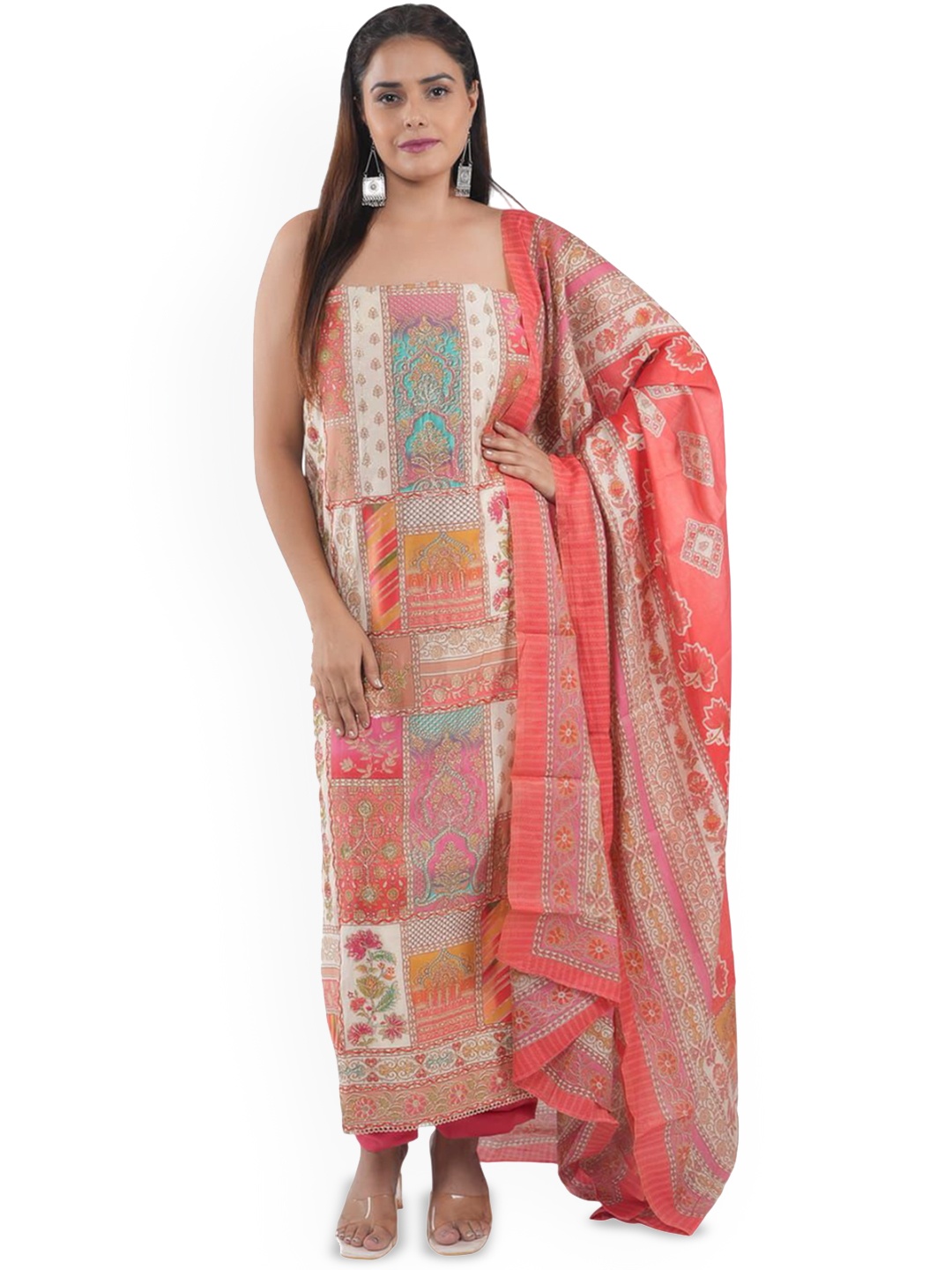 

MOZAFIA Floral Printed Pure Silk Unstitched Dress Material, Peach