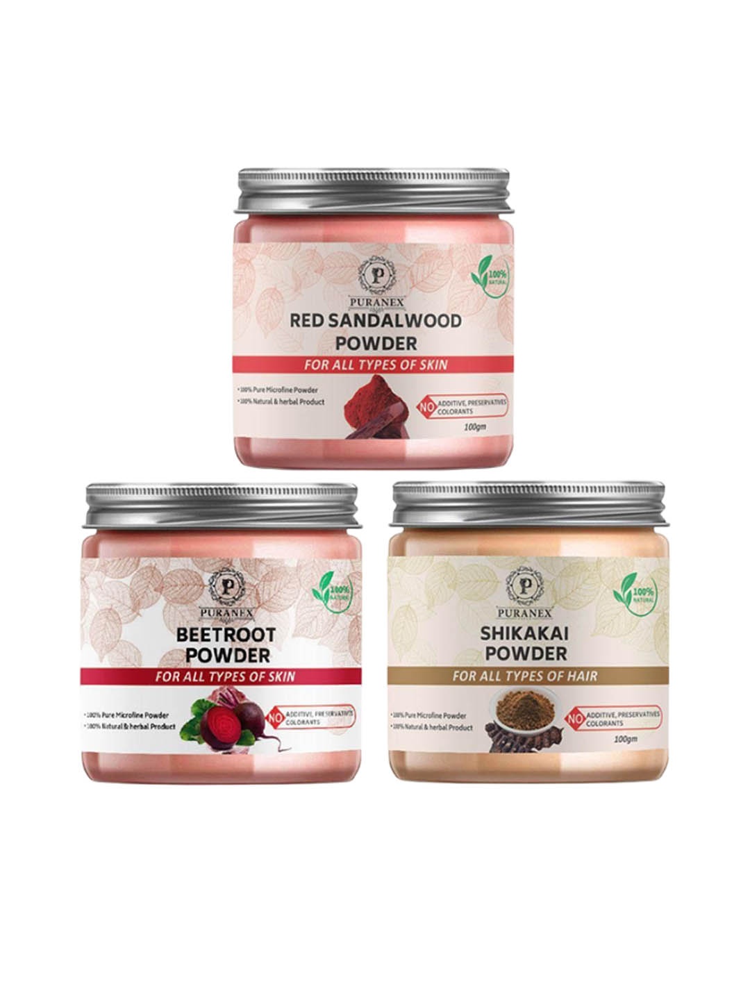 

Puranex Set Of 3 Red Sandalwood - Beetroot & Shikakai Powder - 100 g Each, White