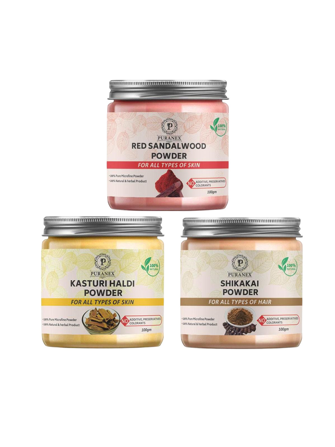 

Puranex Set Of 3 Red Sandal Wood - Kasturi Haldi & Shikakai Powder - 100 g Each, Pink
