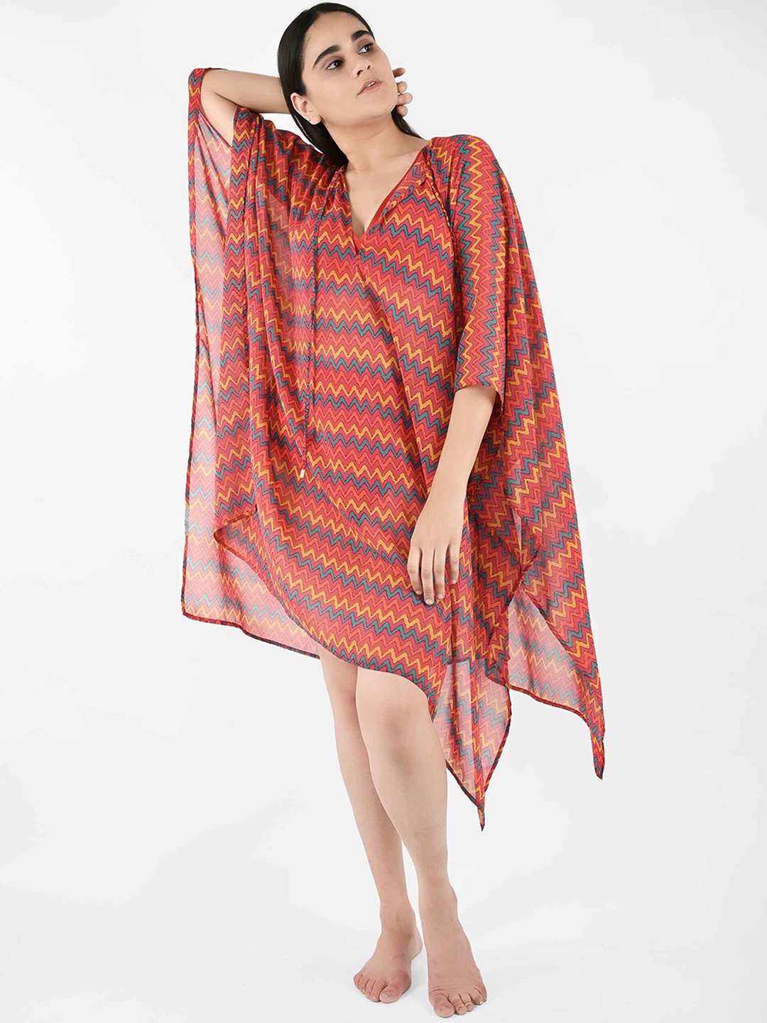 

Blissence Printed Kaftan Swimwear Cover Up Top, Red