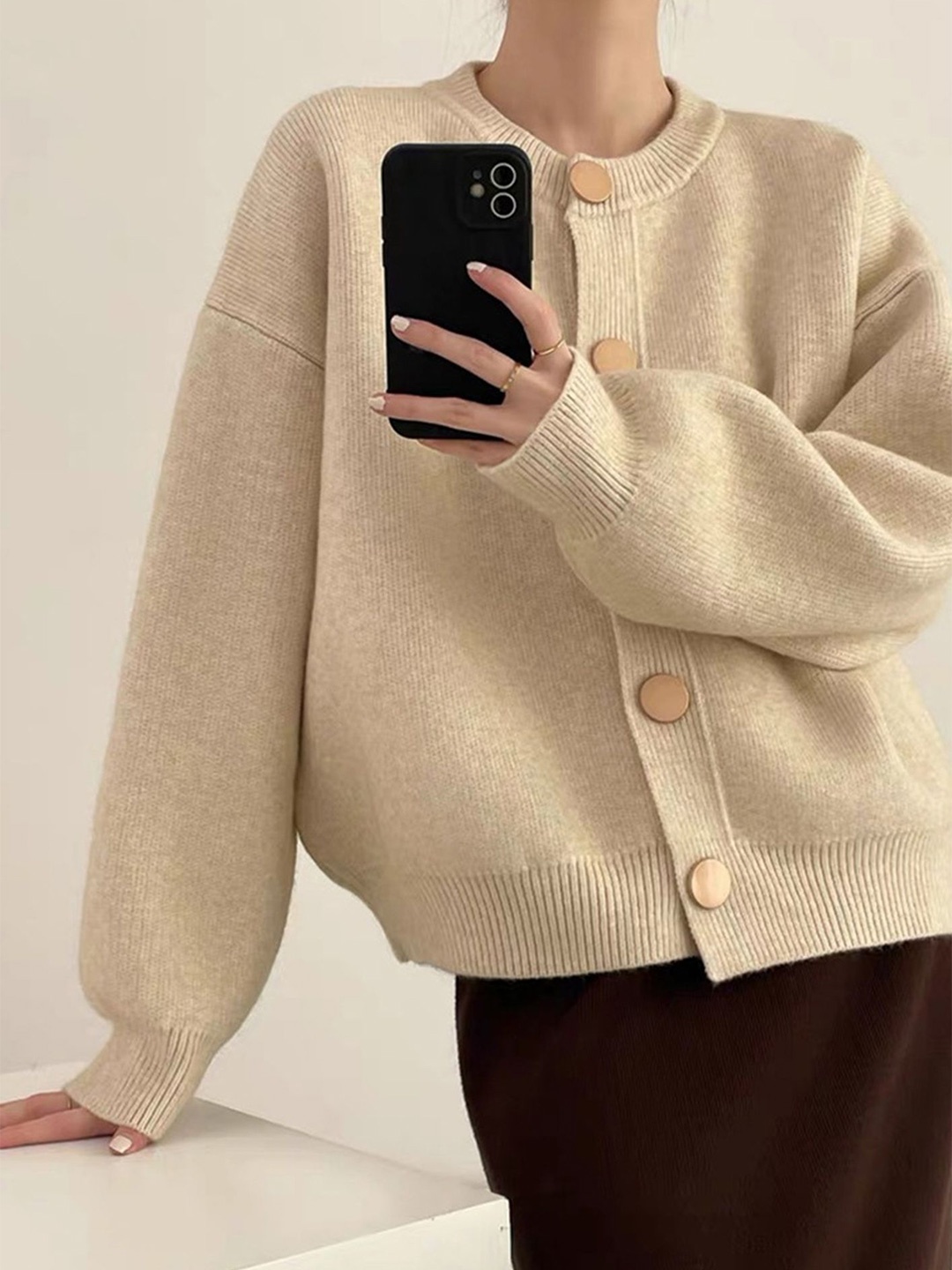 

LULU & SKY Women Round Neck Cardigan Sweaters, Beige