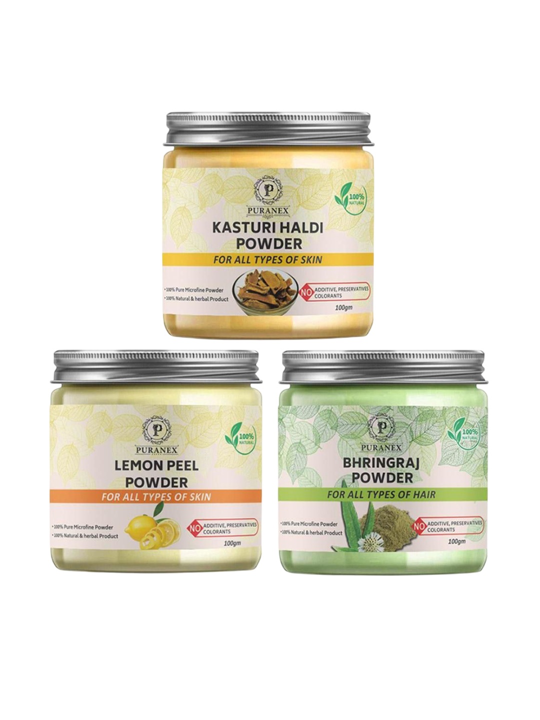 

Puranex Set Of 3 Kasturi Haldi, Bhringraj & Lemon Peel Skin & Hair Powder-100 g Each, White