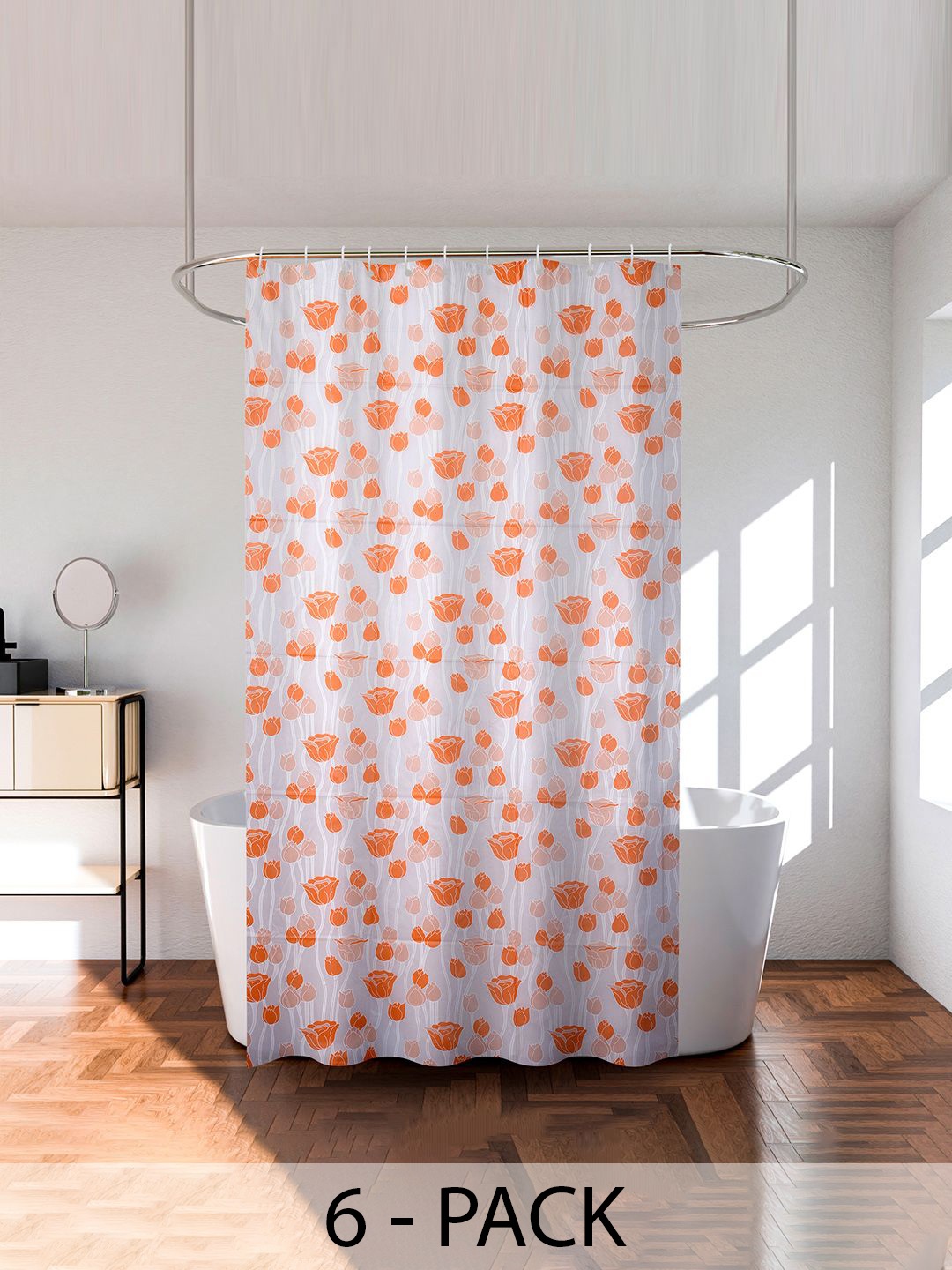 

Kuber Industries Orange & Transparent 6 Pieces Printed Waterproof Shower Curtains