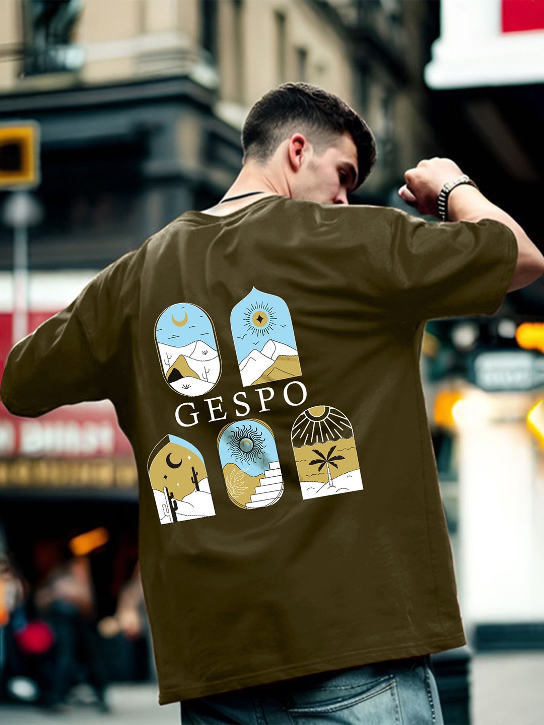 

GESPO Men Graphic Printed Pure Cotton Oversized T-shirt, Olive