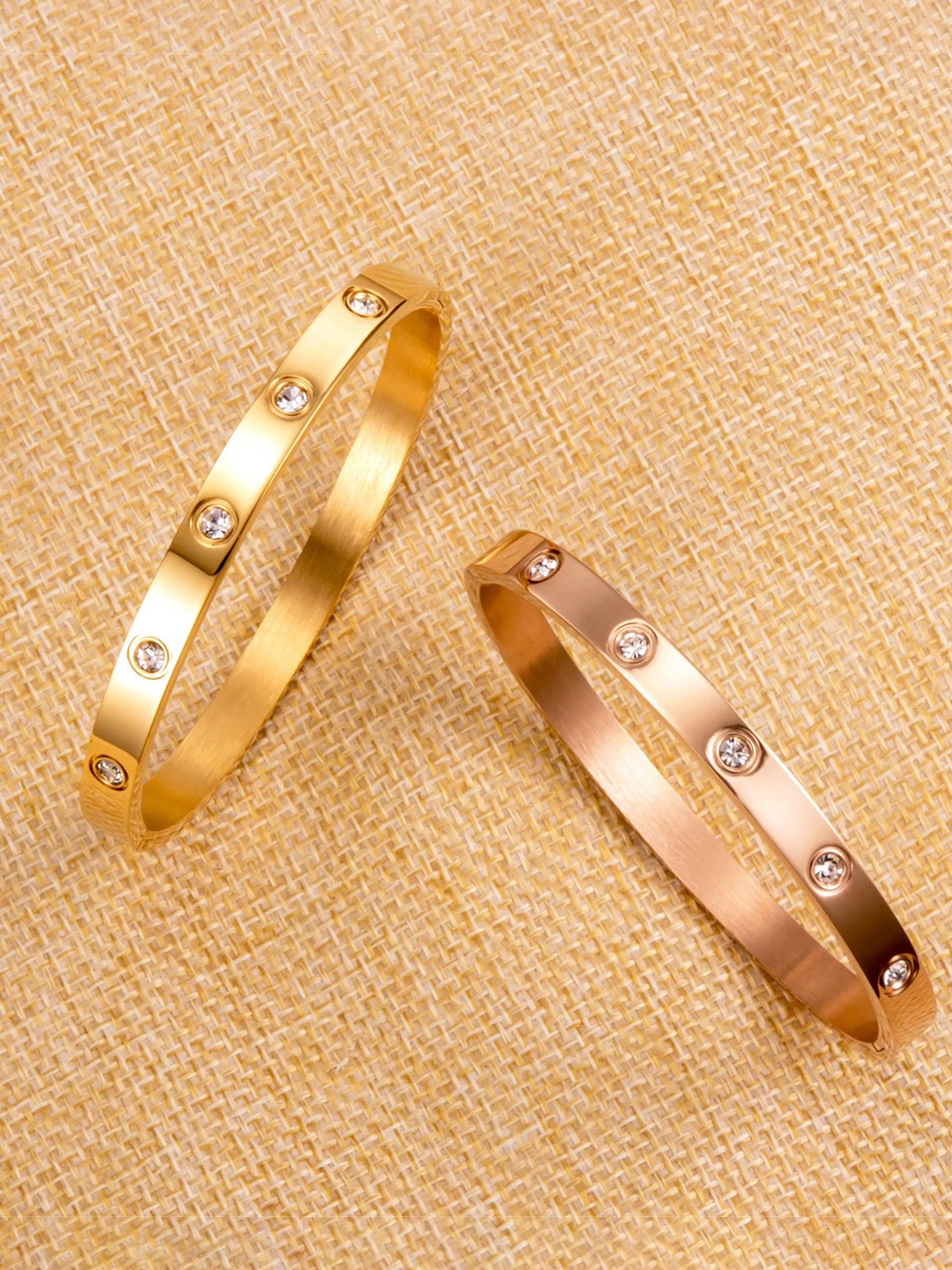 

DIVASTRI Set Of 2 Stainless Steel American Diamond Studded Kada Bracelets, Gold
