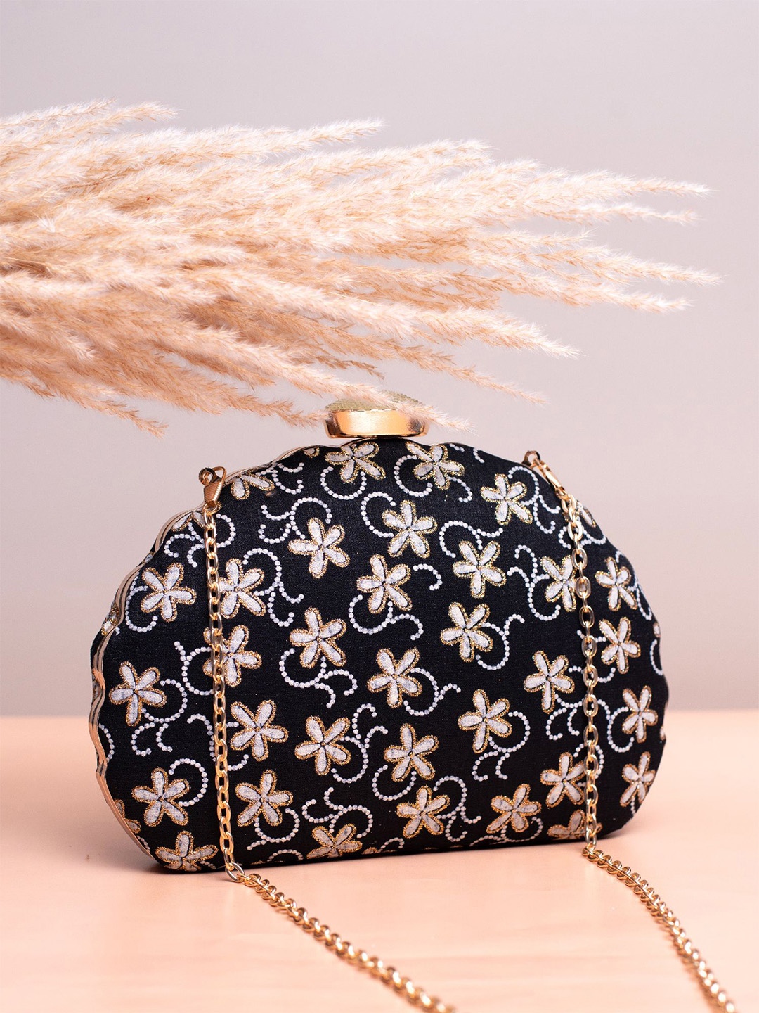 

ARTKLIM Floral Embroidered Box Clutch, Black