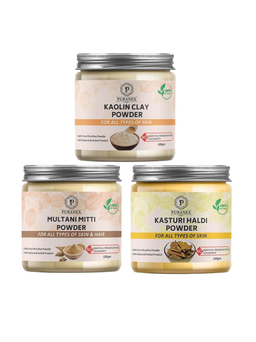 

Puranex Set Of 3 Kaolin Clay - Multani Mitti & Kasturi Haldi Powder -100 g Each, White