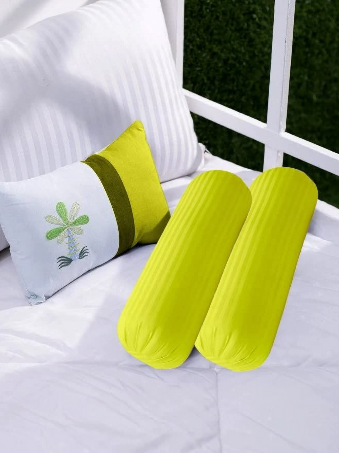

Trance Home Linen Yellow 2 Pieces Striped Pure Cotton 200TC Bolster Covers
