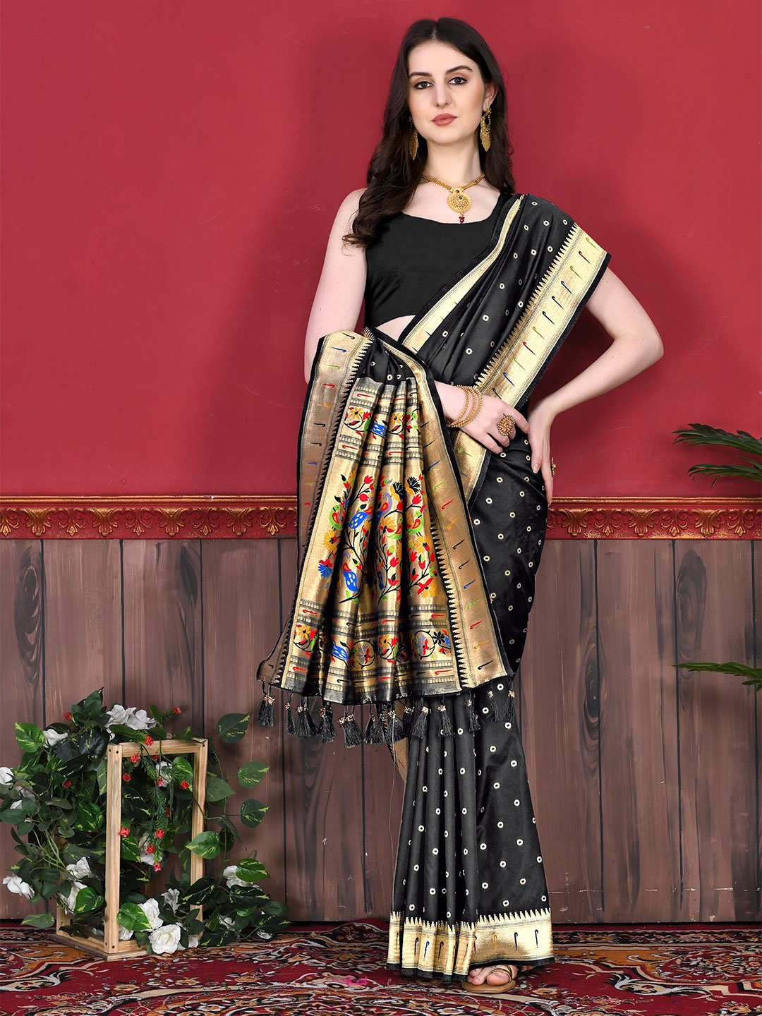 

Anaita Ethnic Motifs Zari Paithani Saree, Black