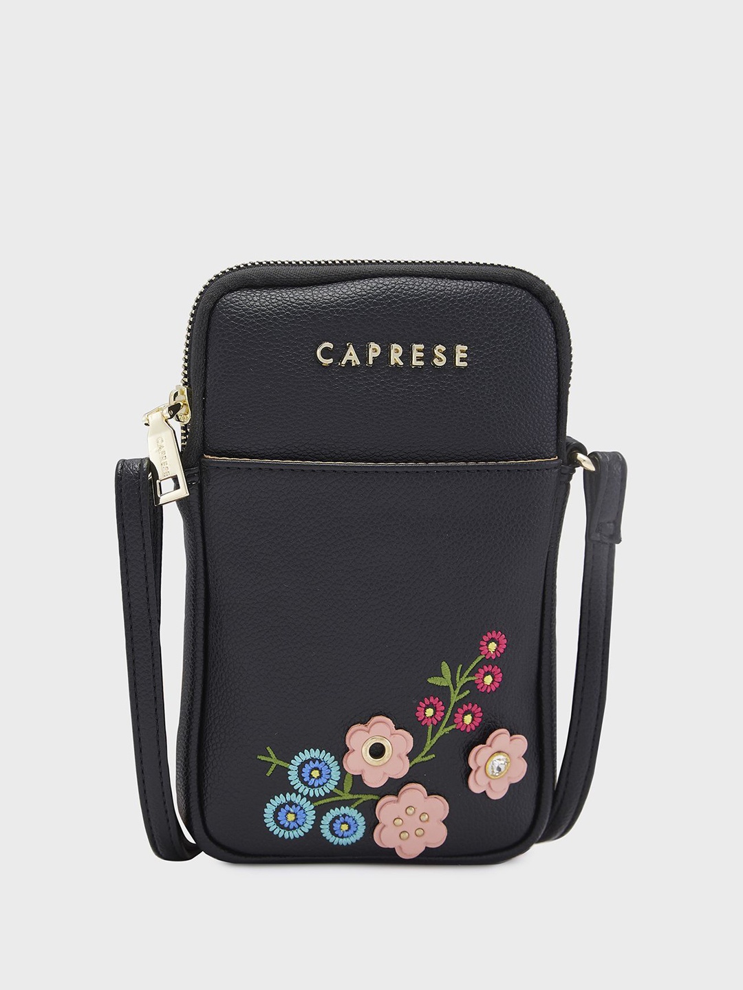 

Caprese PU Bucket Floral Printed Sling Bag with Applique, Black