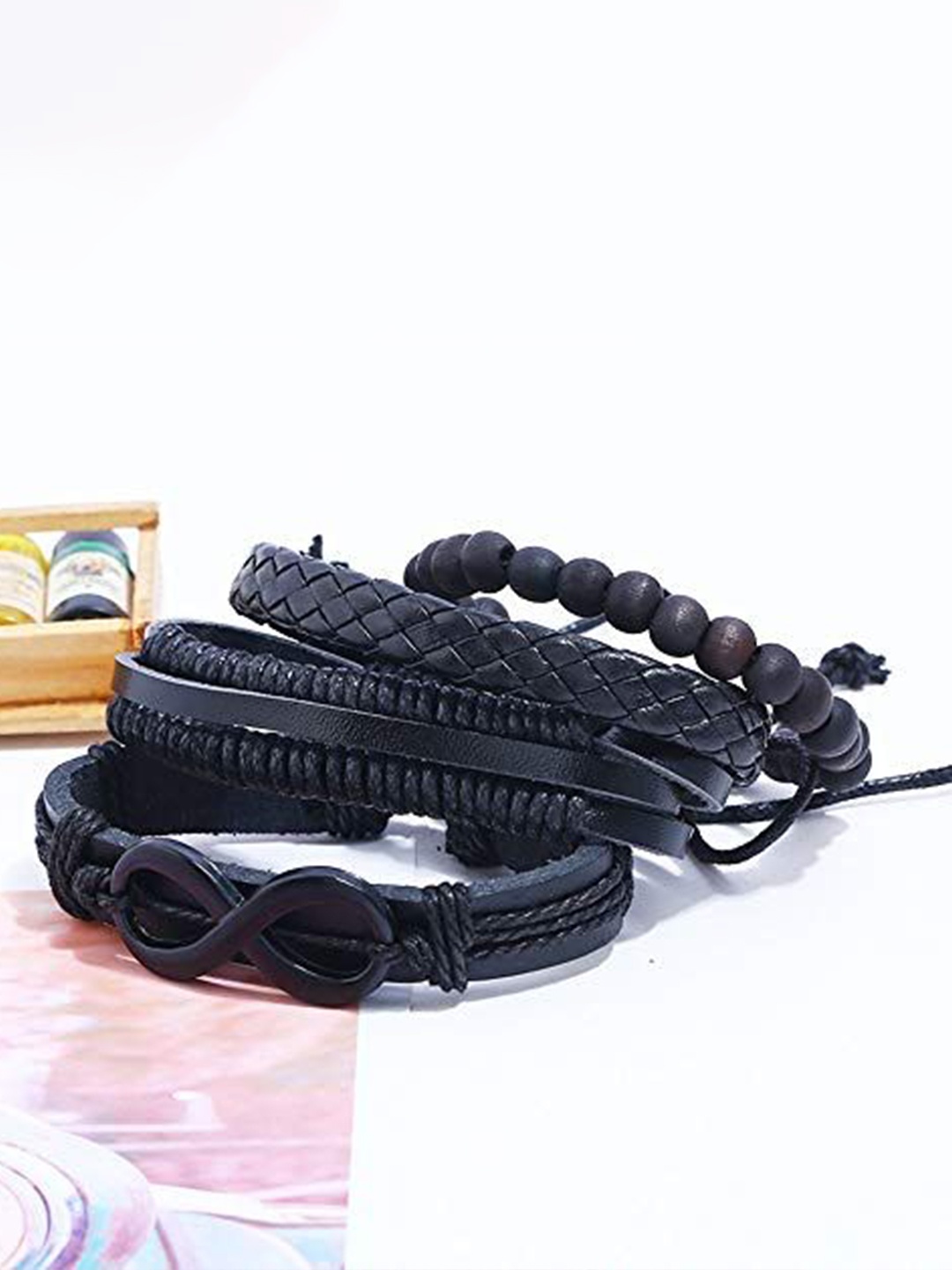 

THE MEN THING Men Set Of 4 Leather Wraparound Bracelet, Black
