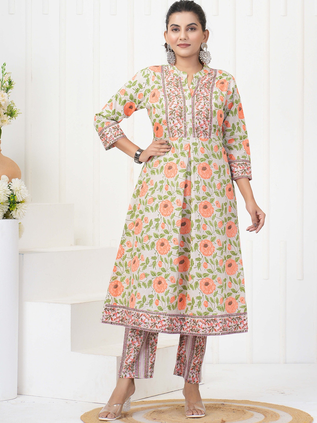

Assamica Floral Printed Mandarin Collar Anarkali Kurta With Trousers, White
