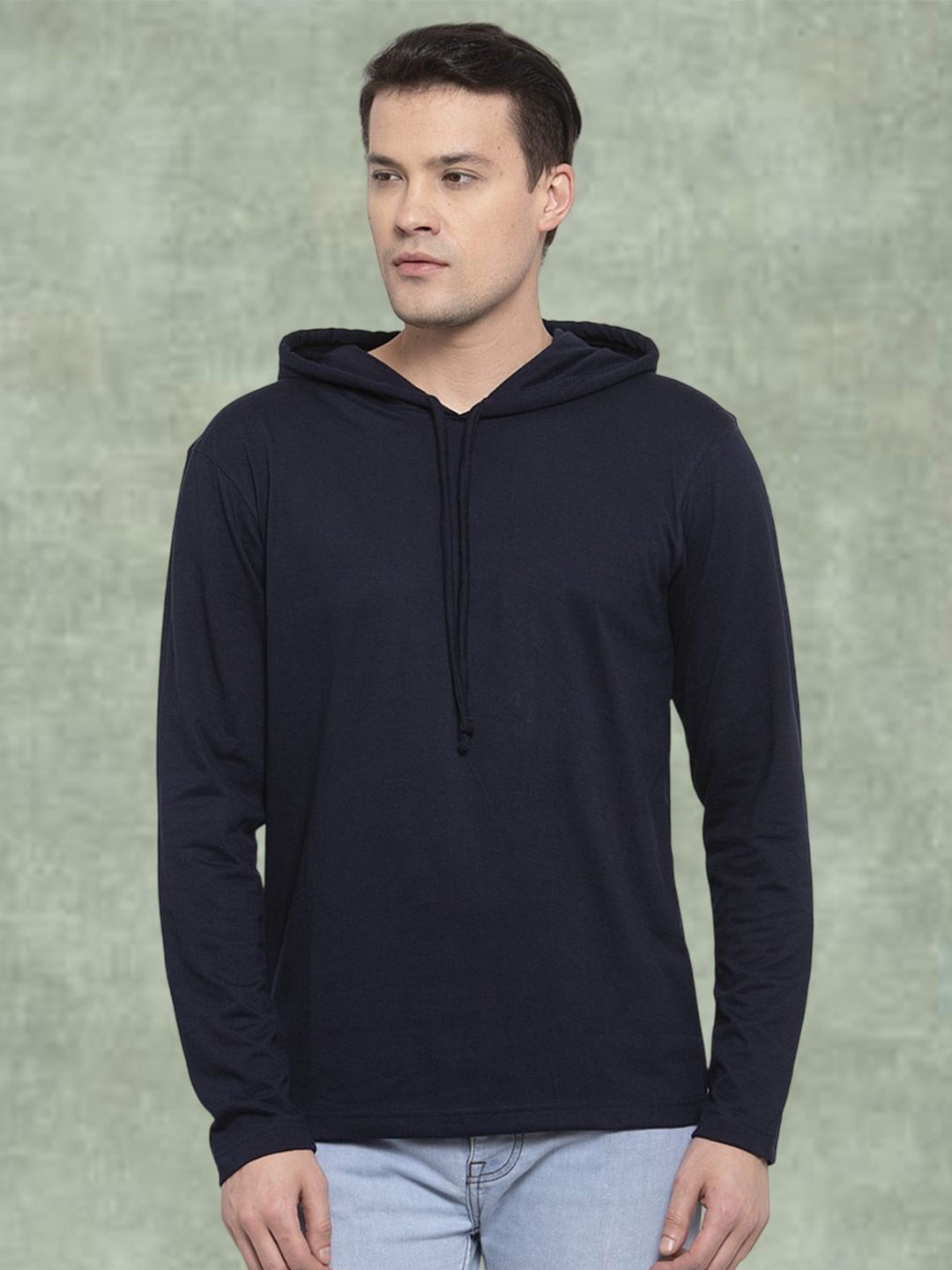 

Friskers Men Navy Blue Cotton Solid Hoodie T-shirt