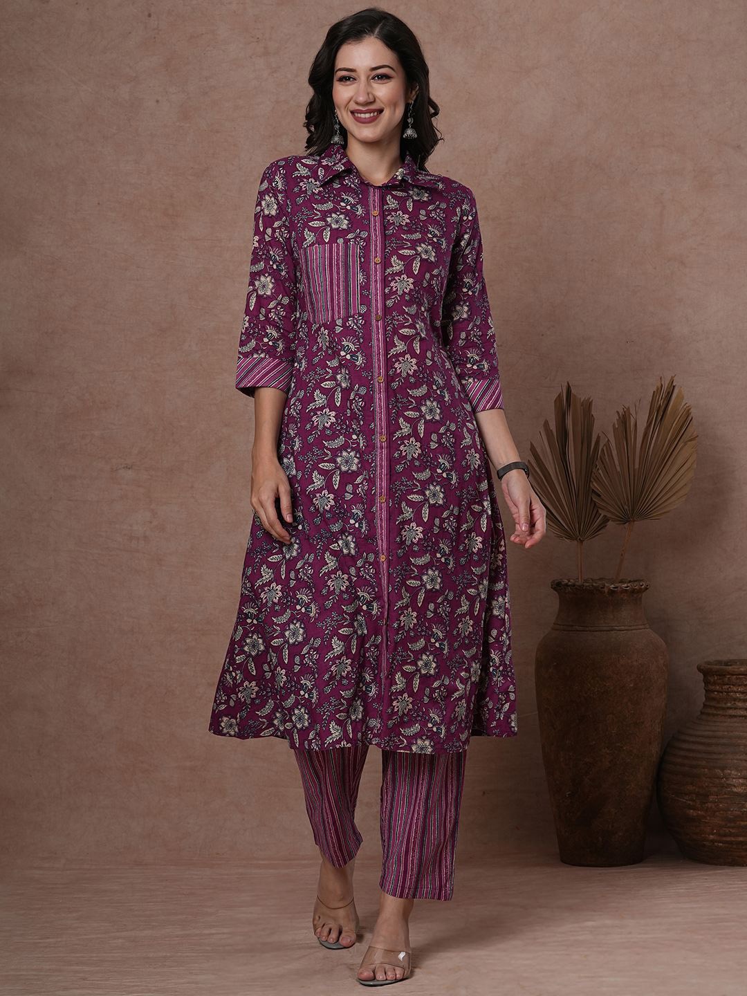 

FASHOR Ethnic Motifs Printed Pure Cotton A-Line Kurta With Trousers, Purple