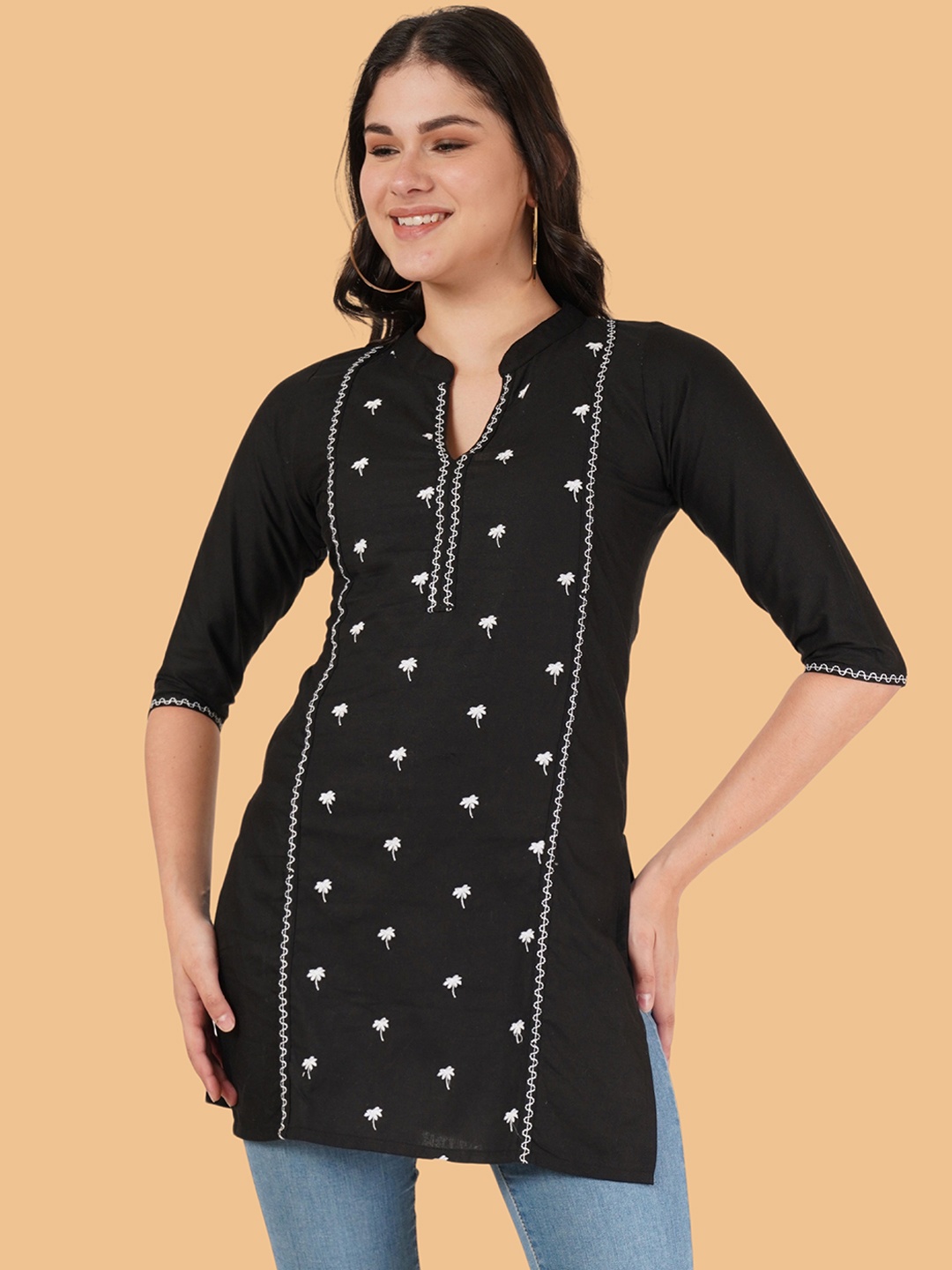 

Brownverse Ethnic Motifs Embroidered Mandarin Collar Regular Cotton Straight Khadi Kurta, Black