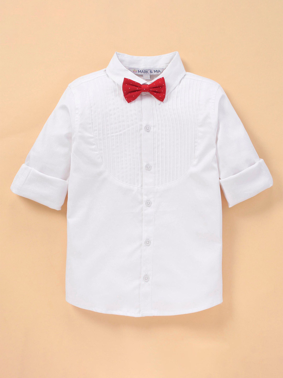 

Mark & Mia Boys Solid Pleat Details Cotton Party Shirt With Bow, White