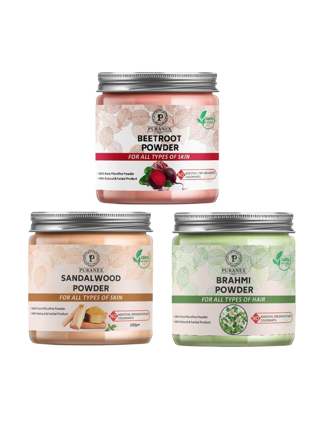 

Puranex Set Of 3 Beetroot, Sandalwood & Brahmi Skin & Hair Powder-100 g Each, White