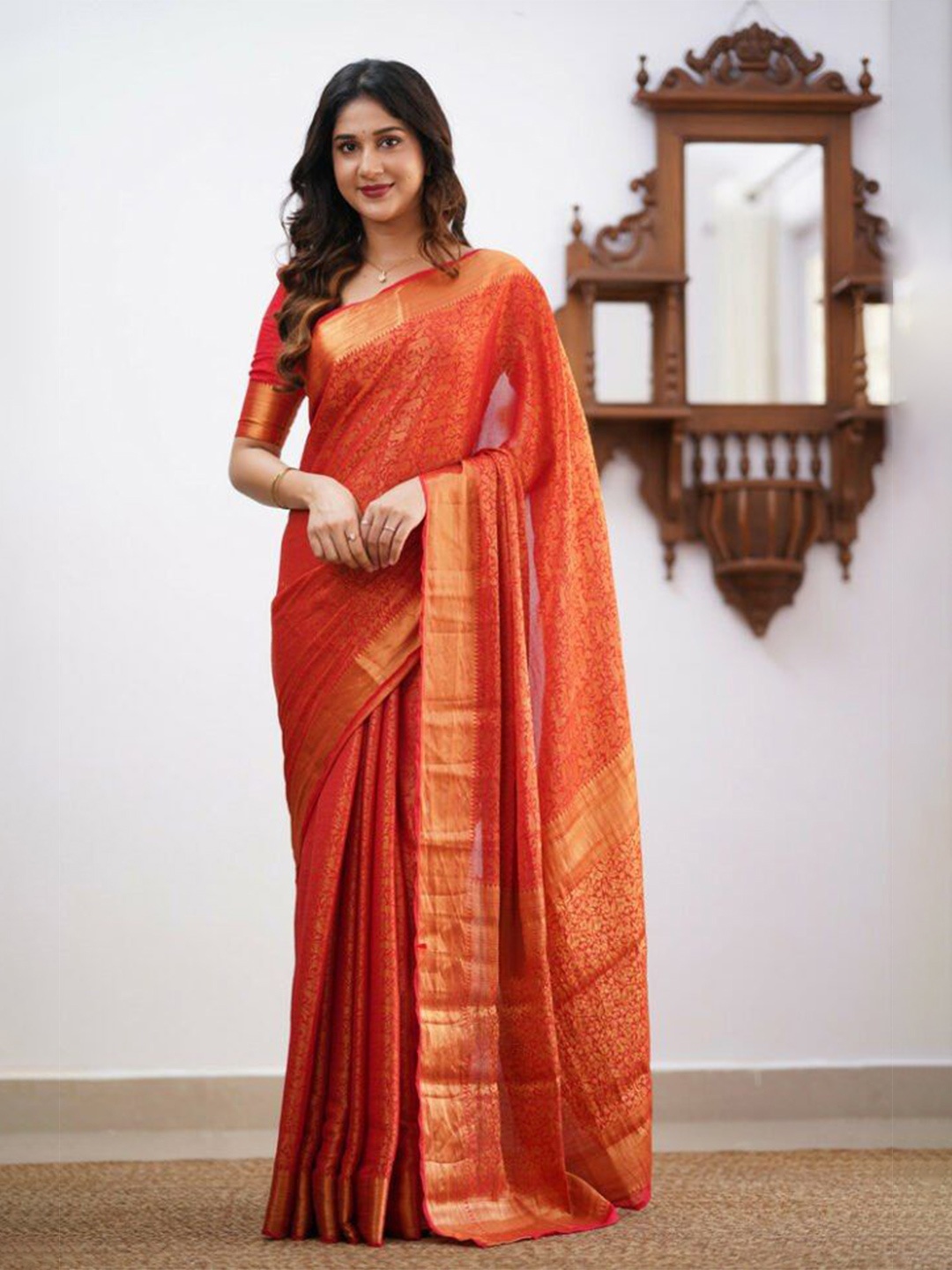 

Visit Wear Woven Design Zari Pure Silk Banarasi Saree, Orange
