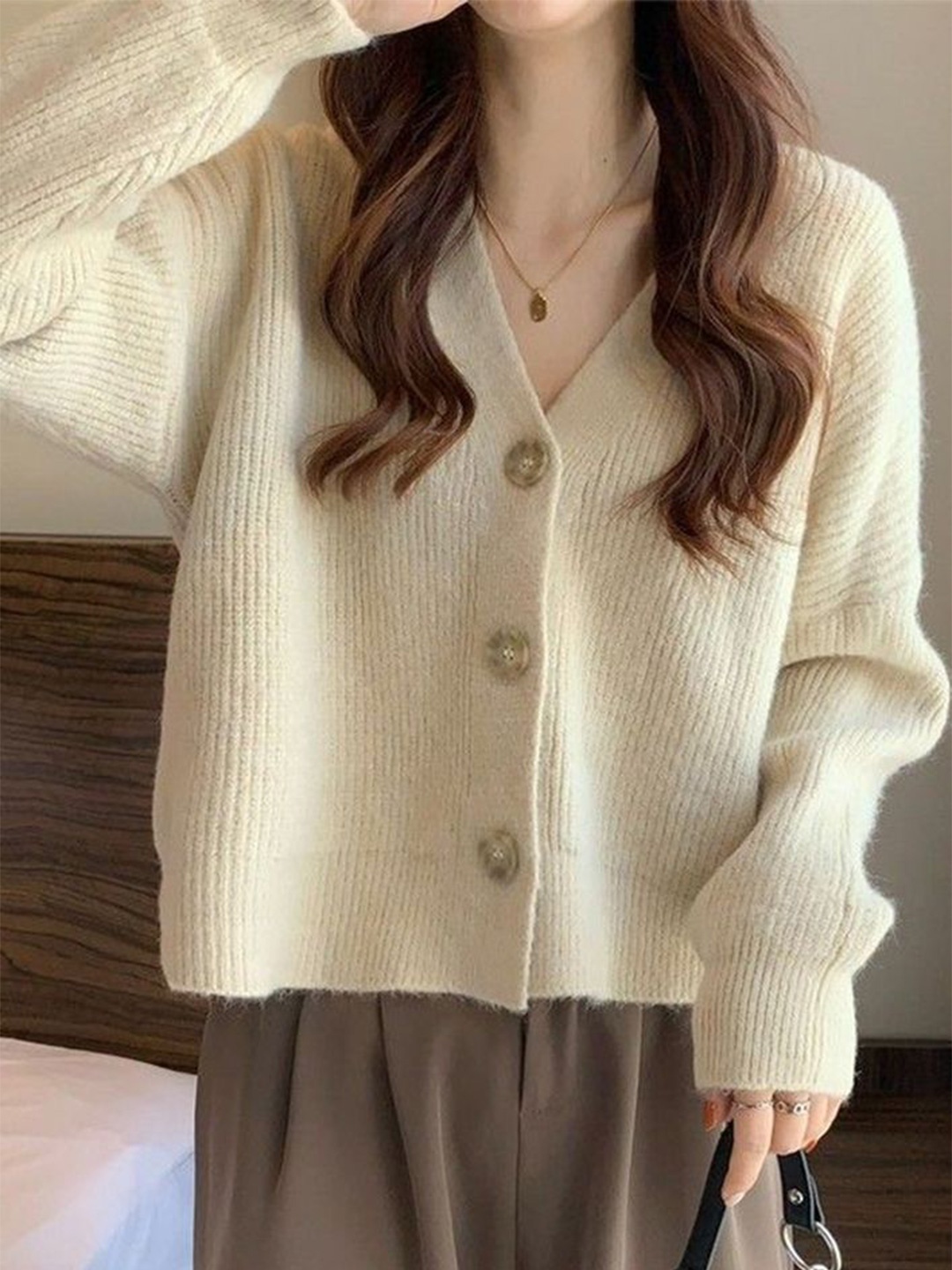 

LULU & SKY Women V-Neck Ribbed Cardigan Sweaters, Beige