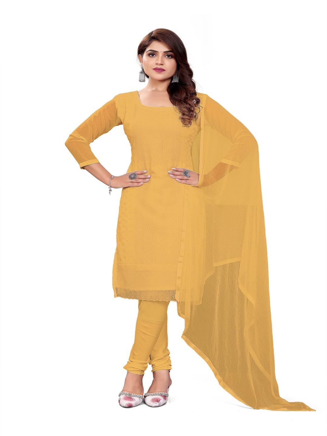 

Maroosh Floral Embroided Unstitched Dress Material, Yellow