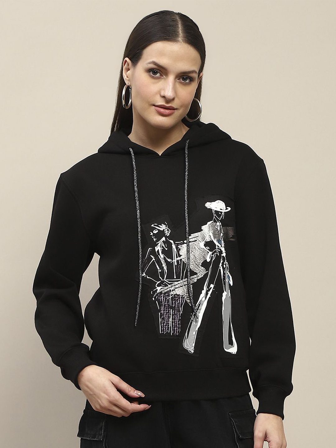 

Madame Women Printed Hooded Sweatshirt, Black