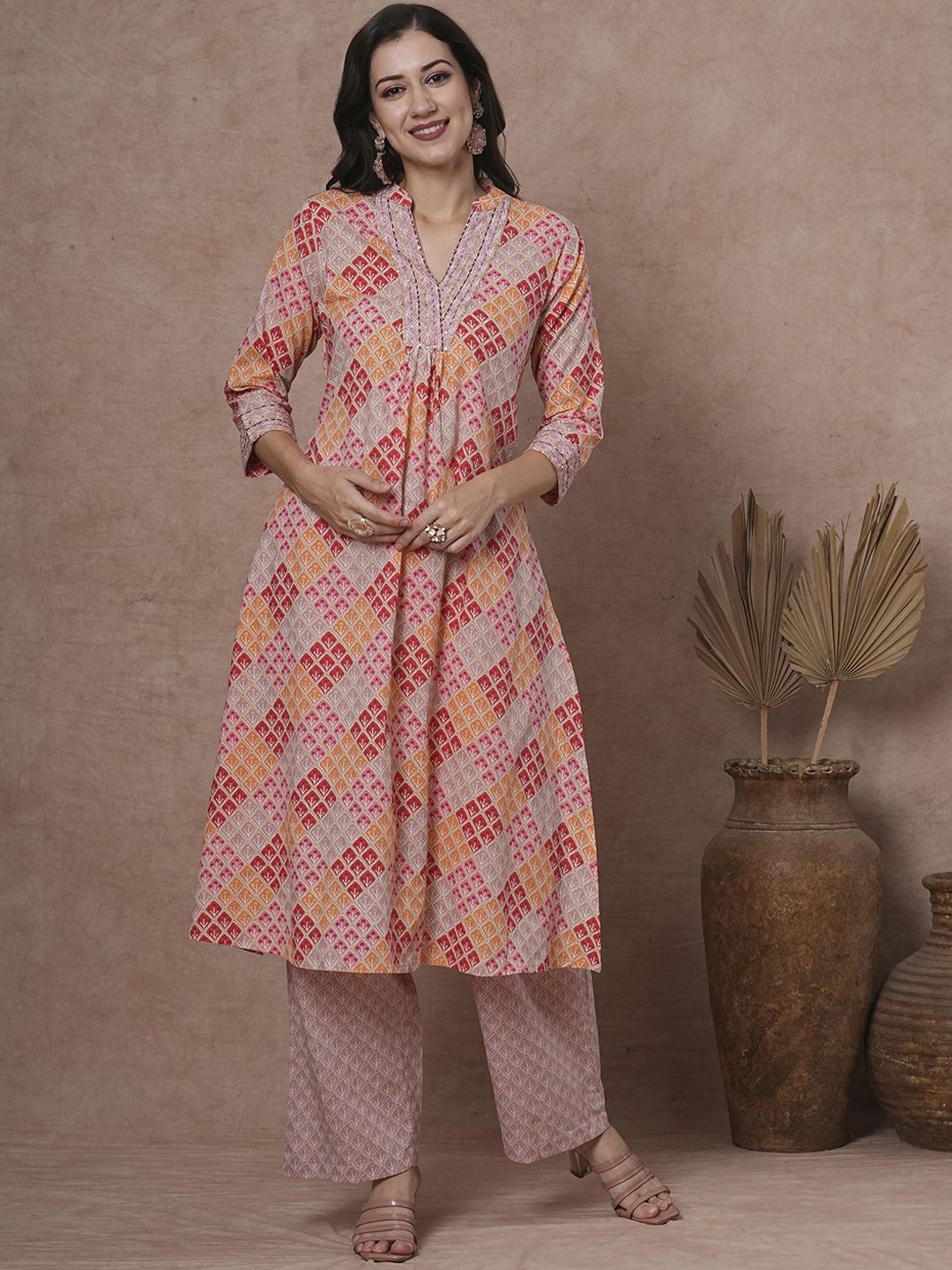 

FASHOR Ethnic Motifs Printed Pleated Mandarin Collar Pure Cotton Kurta With Palazzos, Orange