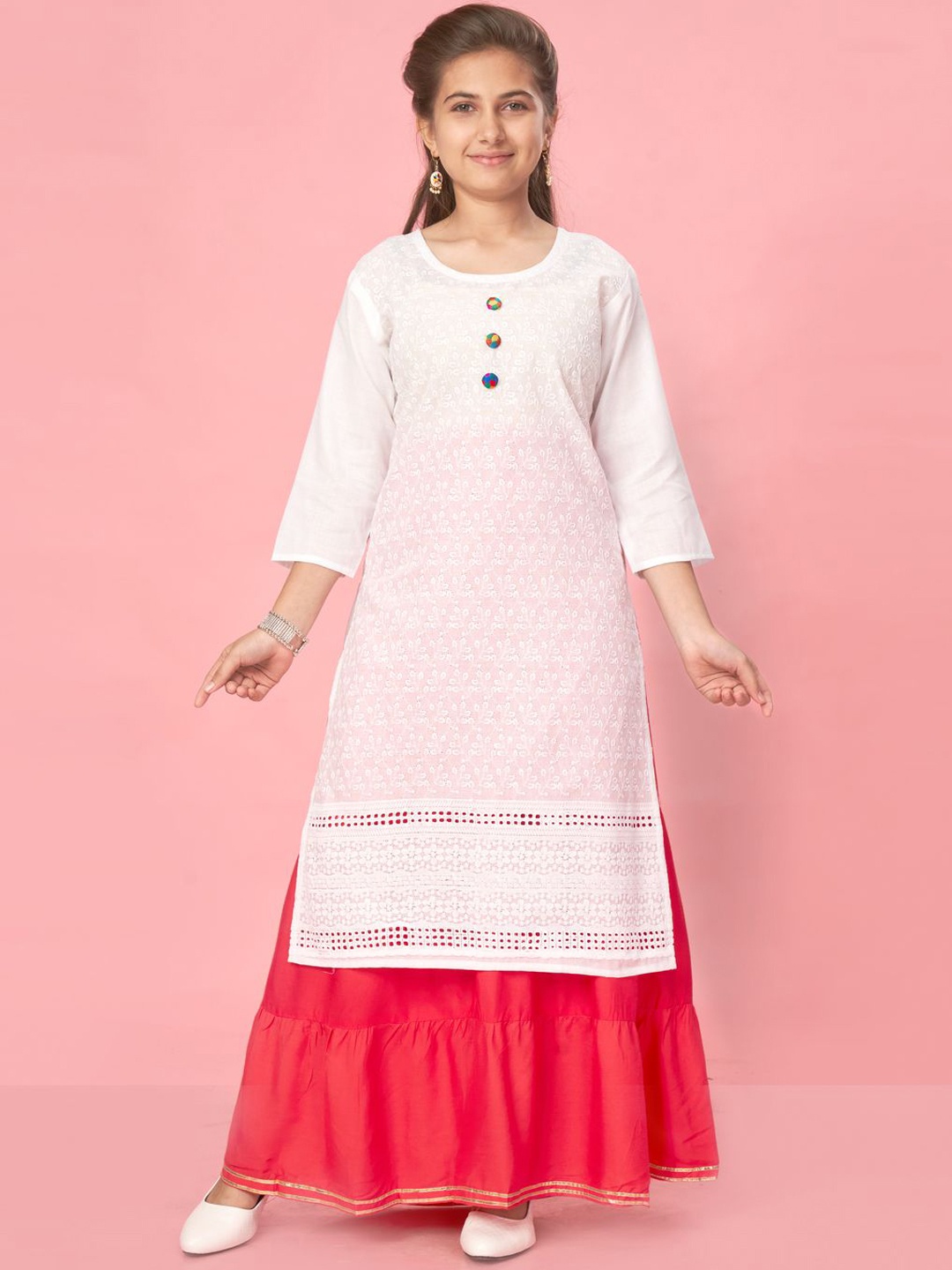 

Sangria Girls Floral Embroidered Cotton Straight Kurta With Skirt, White