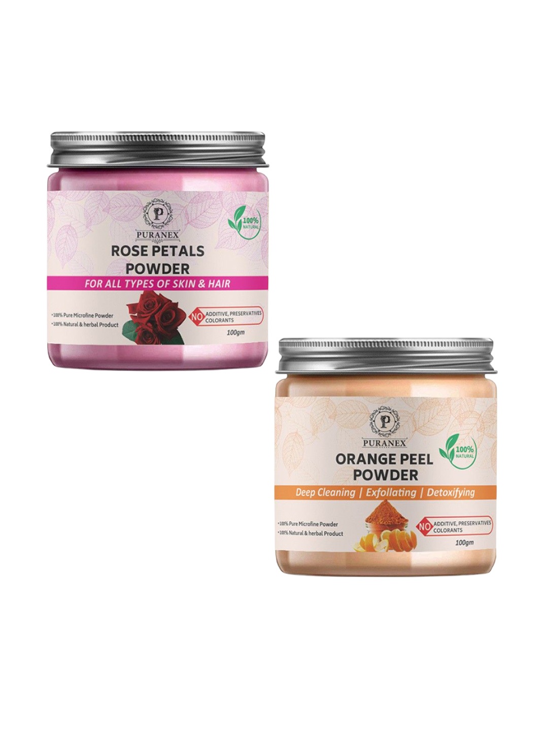 

Puranex Set Of 2 Rose Petal & Orange Peel Skin & Hair Powder-100 g Each, White