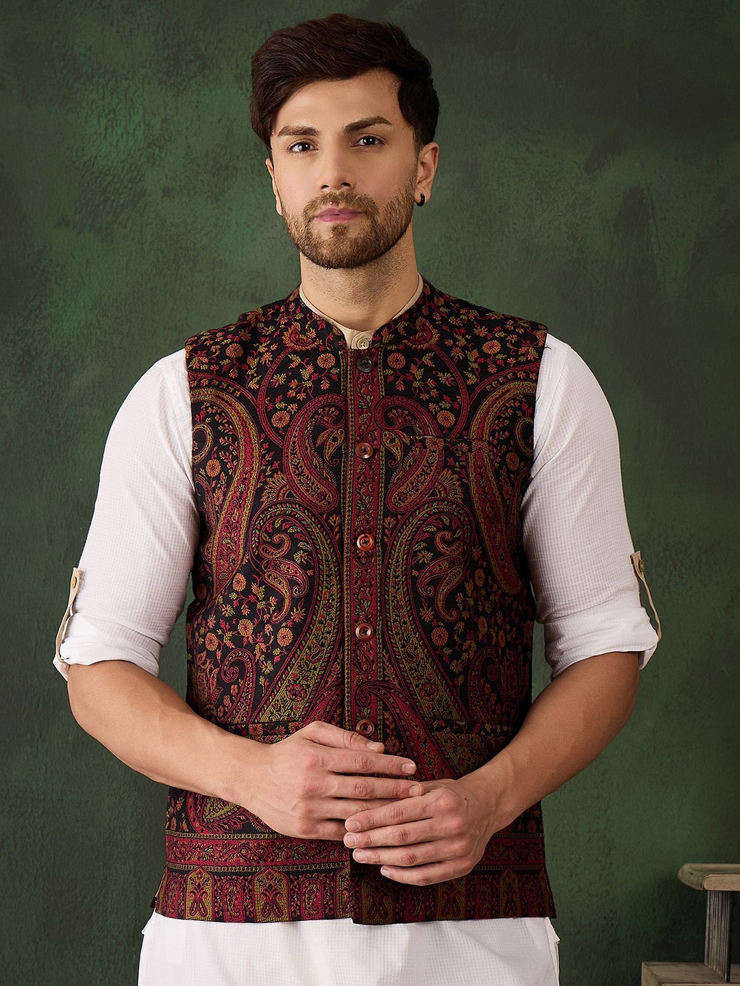 

Sangria Woven Design Winter Pashmina Nehru Jackets, Maroon