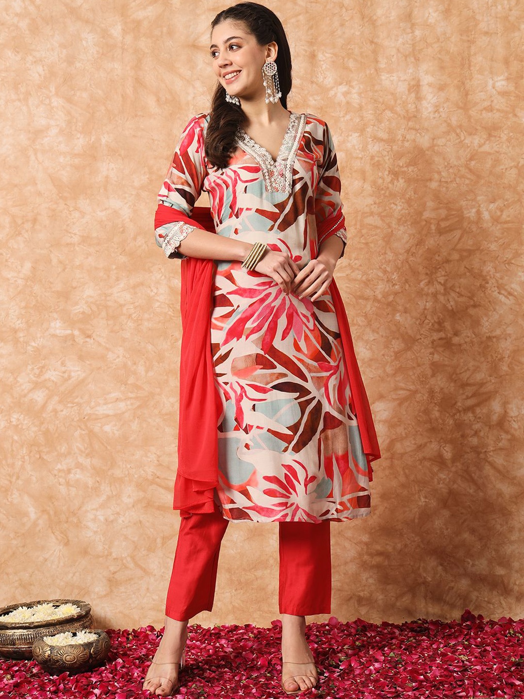 

KALINI Women Printed Regular Mirror Work Kurta with Trousers & With Dupatta, Beige