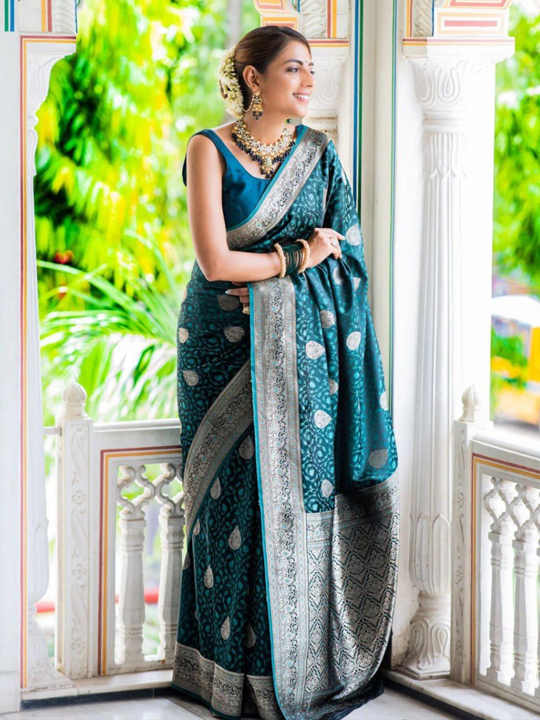 

Visit Wear Woven Design Zari Pure Silk Banarasi Saree, Teal