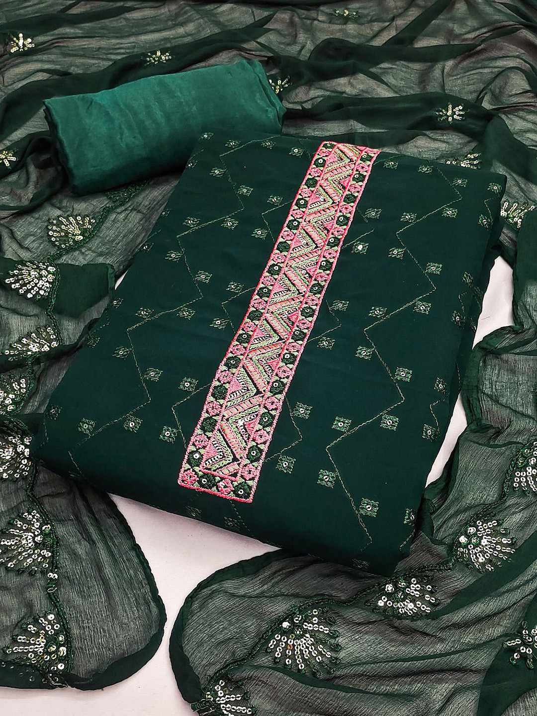 

LADY SHOPI Chevron Embroidered Sequinned Silk Georgette Unstitched Dress Material, Green