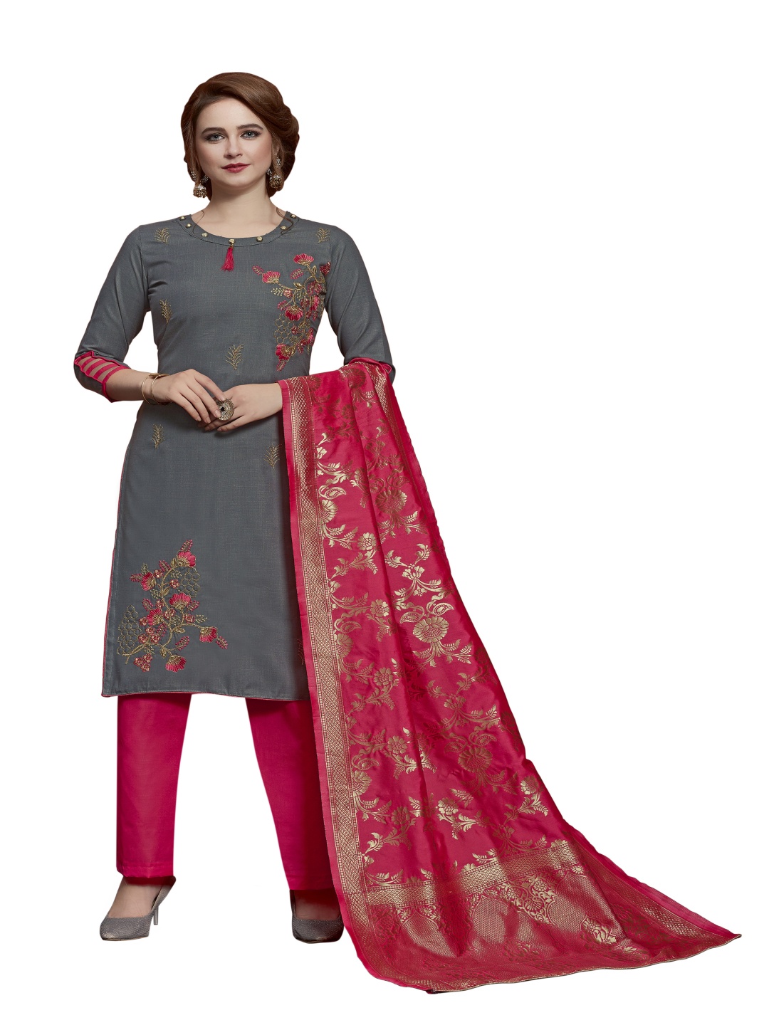 

Maroosh Floral Embroidered Unstitched Dress Material, Grey