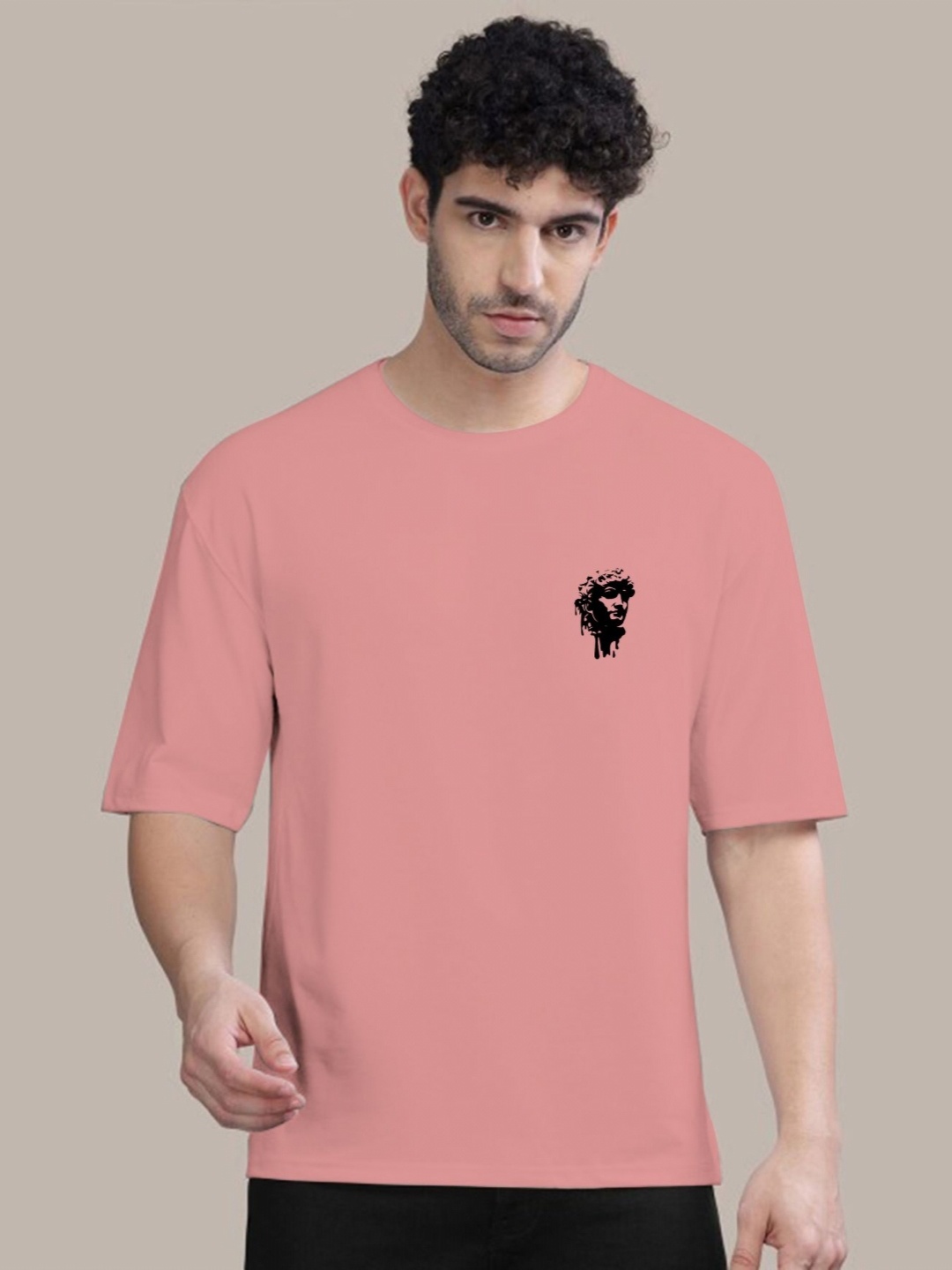 

AUSK Men Graphic Printed Oversized Cotton T-shirt, Peach