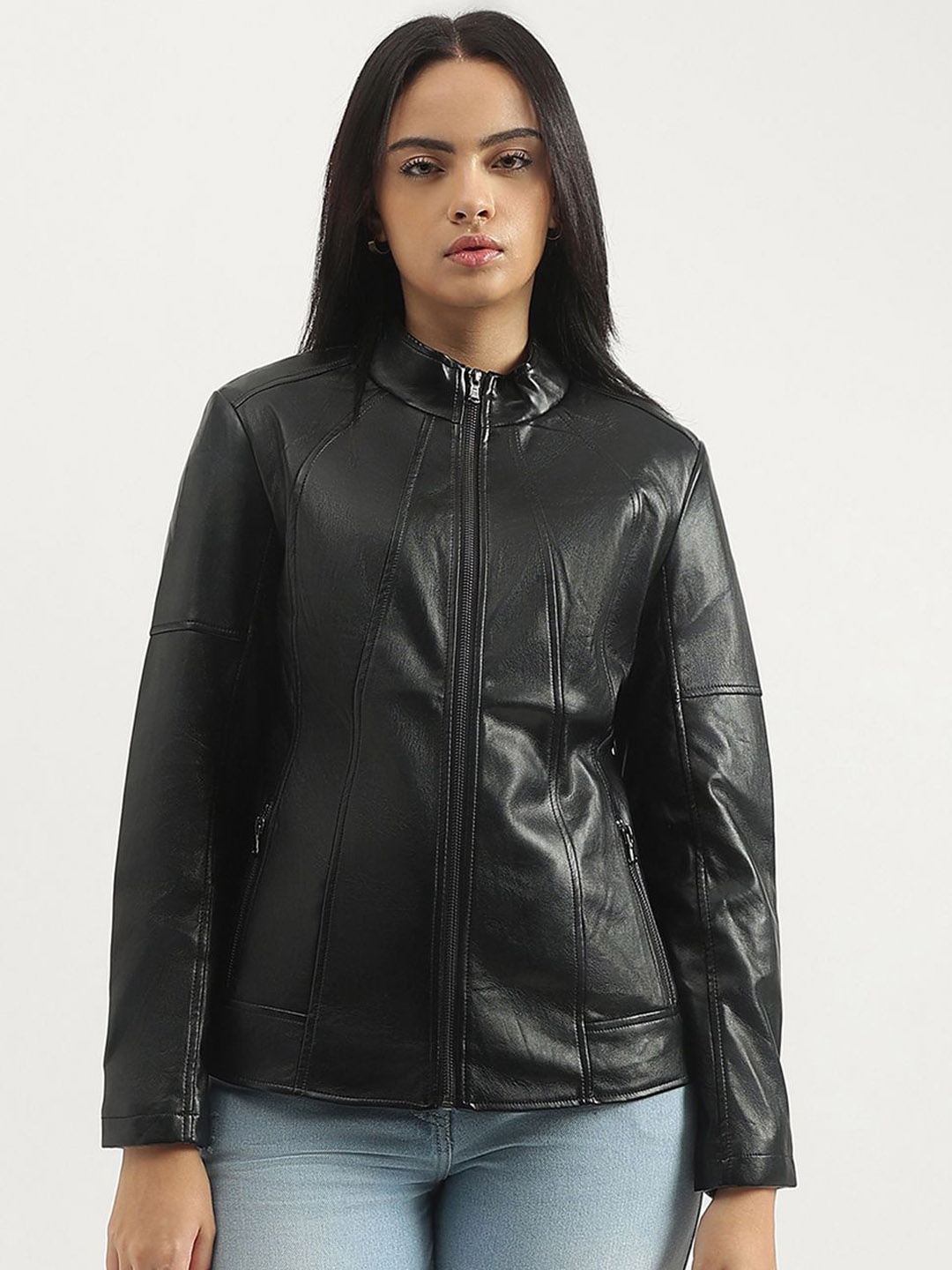 

United Colors of Benetton Women Mock Collar Solid Casual Biker Jacket, Black