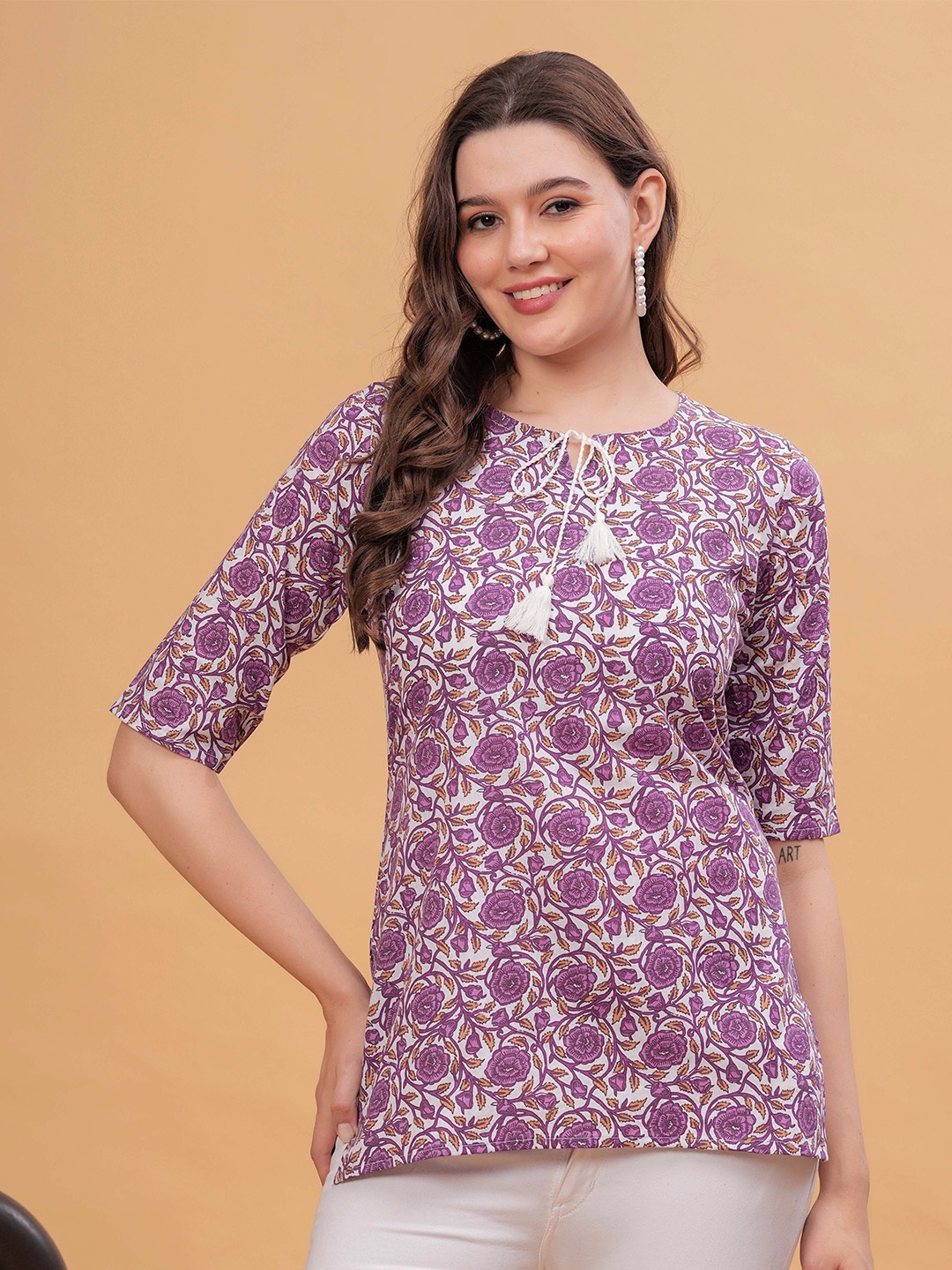 

kipek Women Floral Printed Tie-Up Neck Cotton Top, Purple