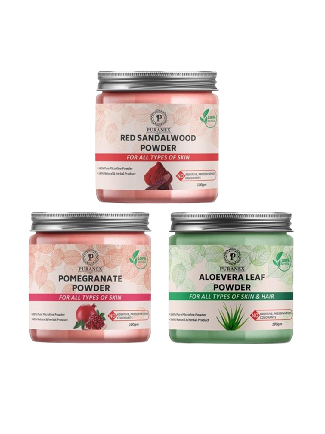

Puranex Set Of 3 Red Sandalwood, Pomegranate & Aloe Vera Leaf Skin & Hair Powder-100g Each, White