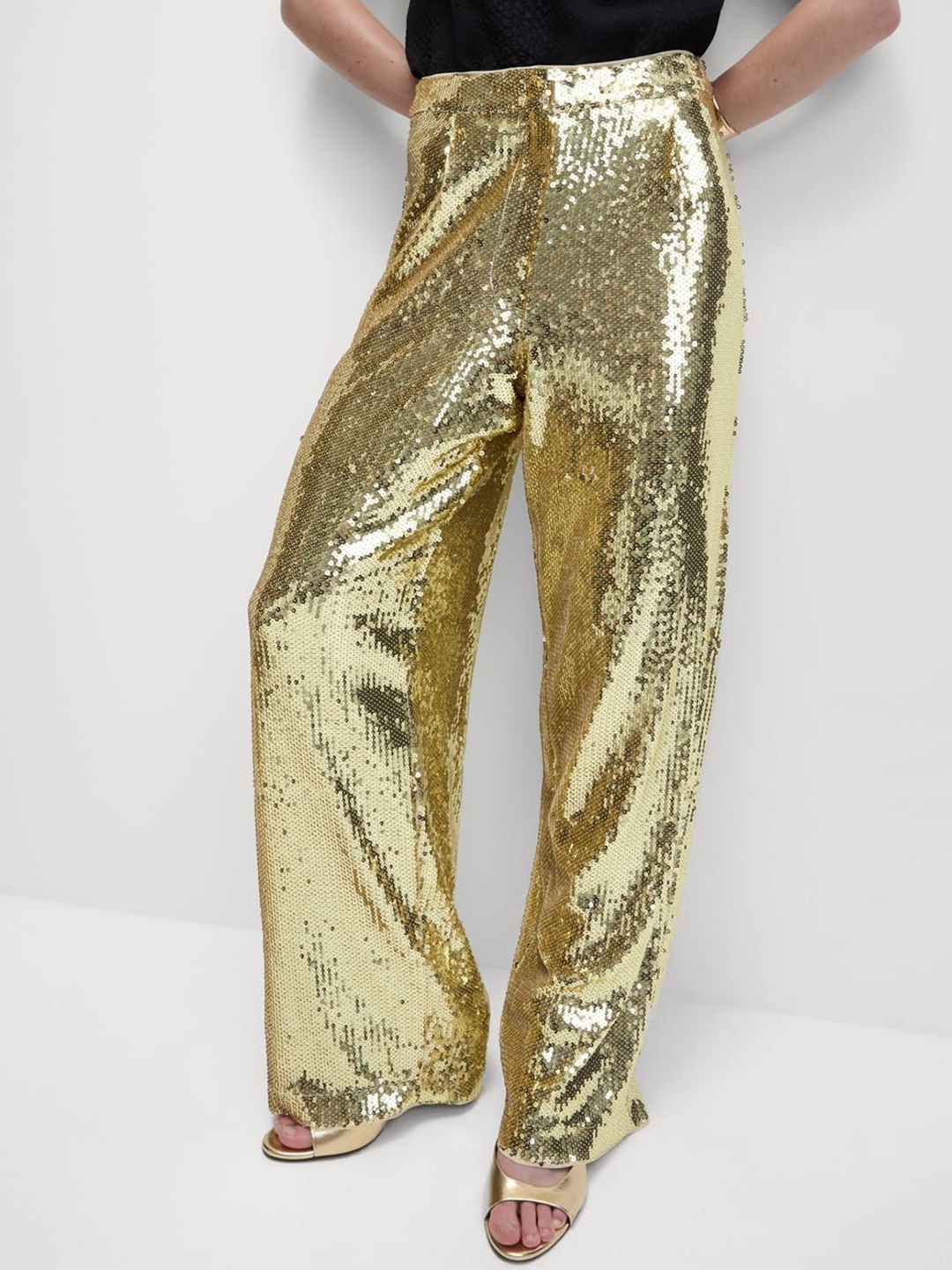 

Marks & Spencer Women Embellished High-Rise Parallel Trousers, Gold