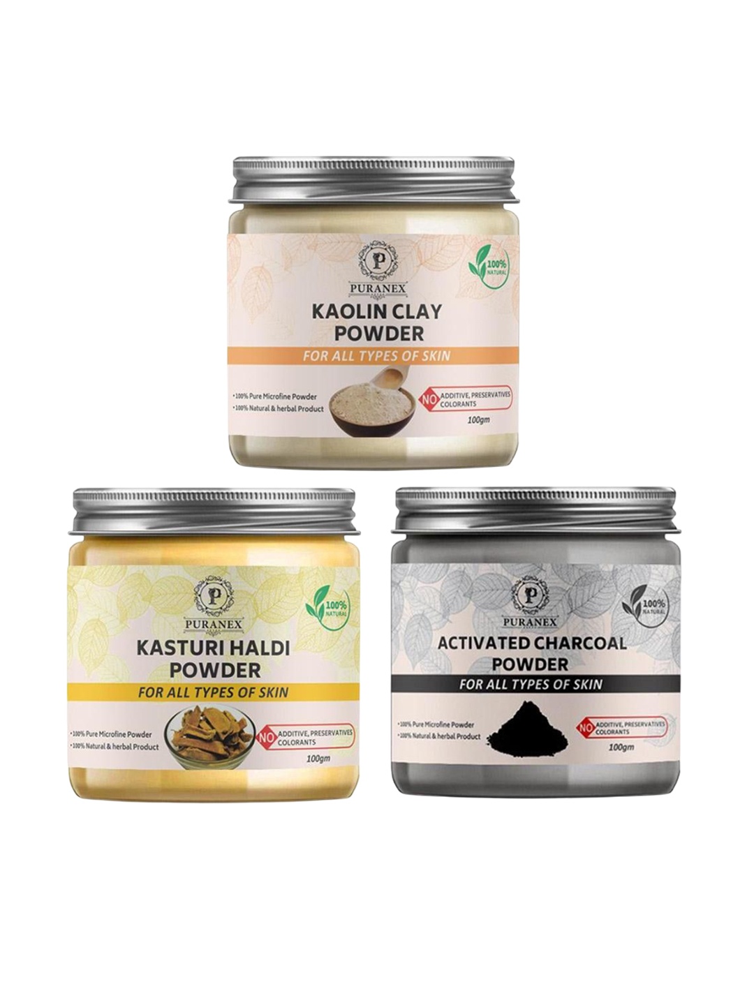 

Puranex Set Of 3 Kaolin Clay Kasturi Haldi & Activated Charcoal Face Pack Powder-100g Each, White