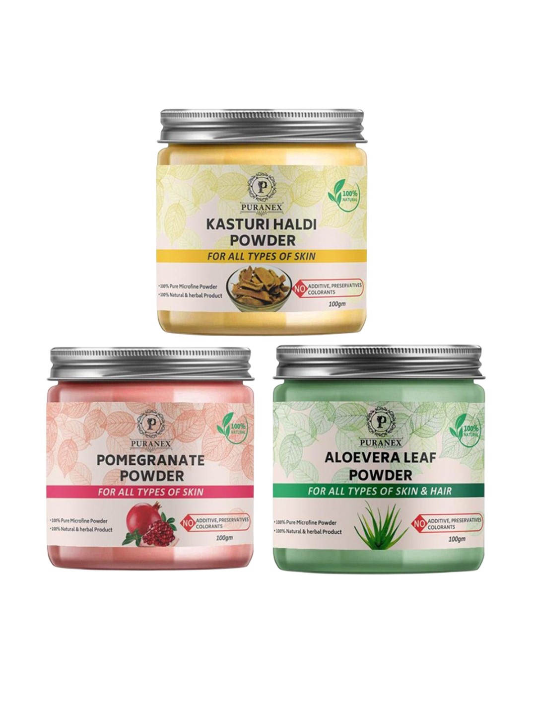

Puranex Set Of 3 Natural Kasturi Haldi - Pomegranate & Aloevera Leaf Powder - 100 g Each, Yellow