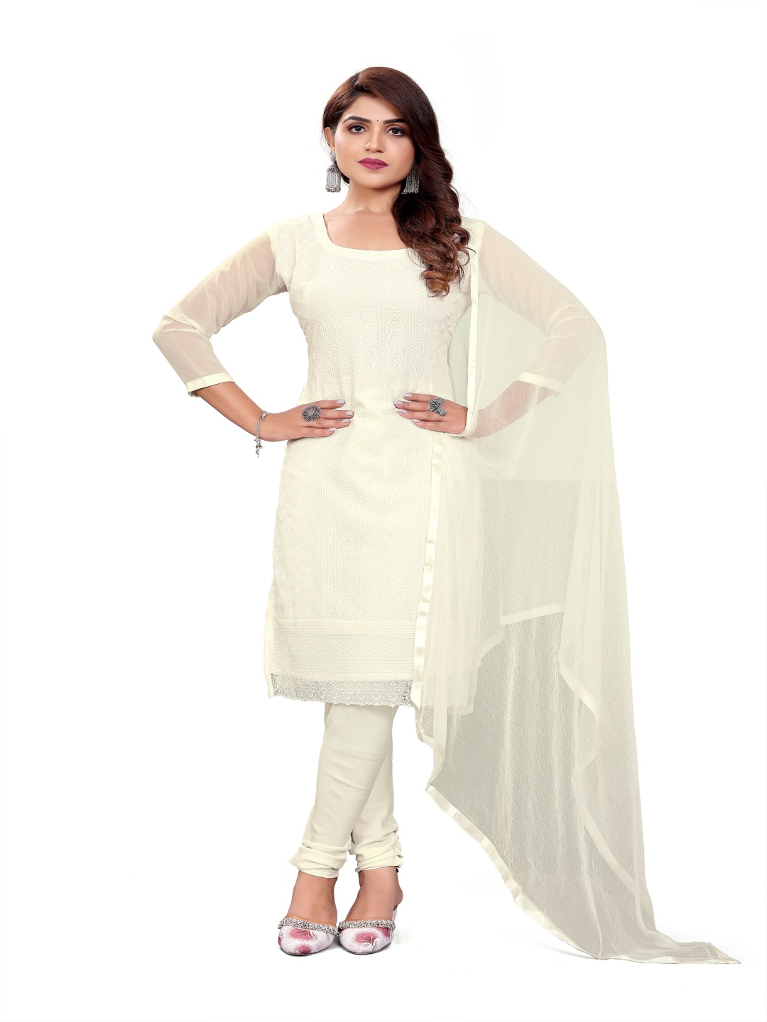 

Maroosh Ethnic Motifs Embroidered Georgette Unstitched Dress Material, White