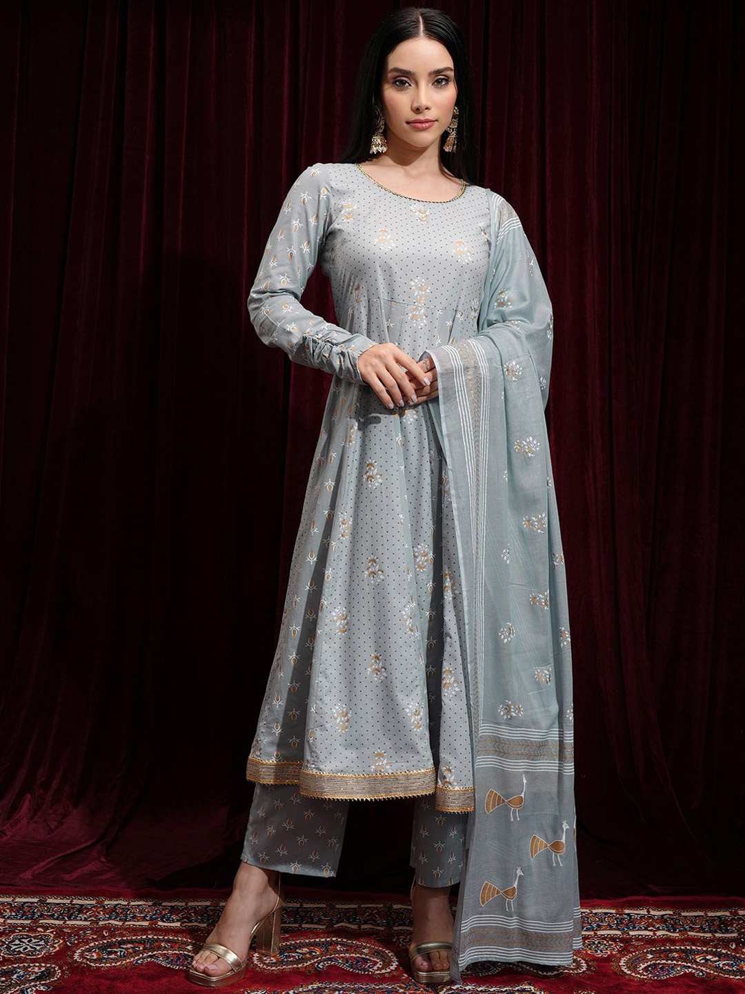 

Vishudh Grey Floral Printed Regular Anarkali Kurta with Trousers & Dupatta