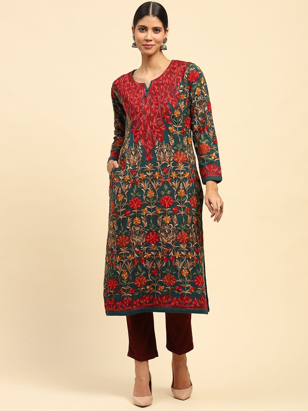 

Me&I Floral Embroidered Thread Work Woollen Straight Kurta, Green
