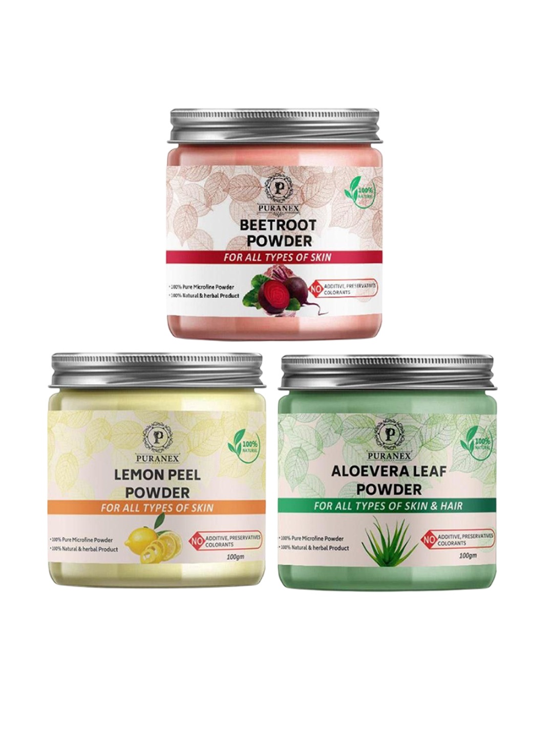 

Puranex Set Of 3 Beetroot, Lemon Peel & Aloe Vera Leaf Skin & Hair Powder-100 g Each, White
