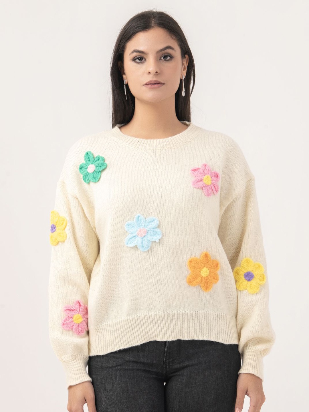 

Albion By CnM Women Floral Embroidered Pullover Sweater, Cream