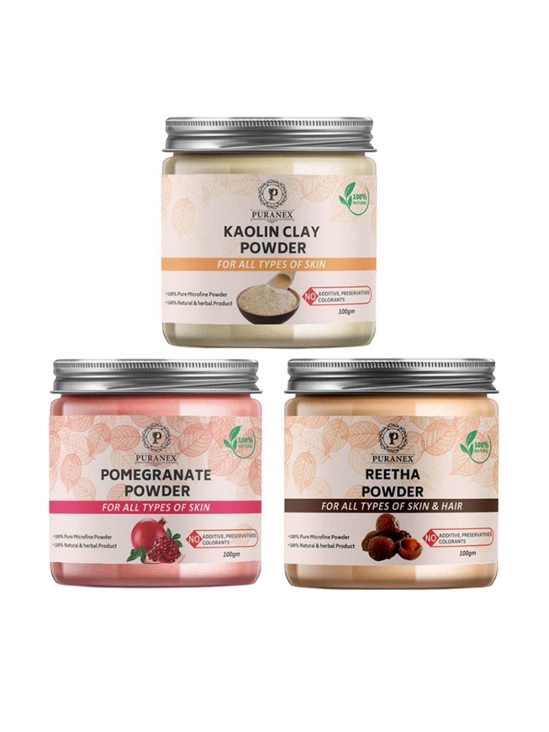 

Puranex Set Of 3 100% Natural Kaolin Clay - Pomegranate & Reetha Powder - 100g Each, White