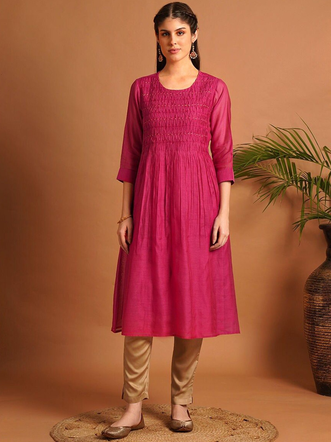 

JAYPORE Round Neck Pleated A-Line Cotton Silk Kurta, Pink