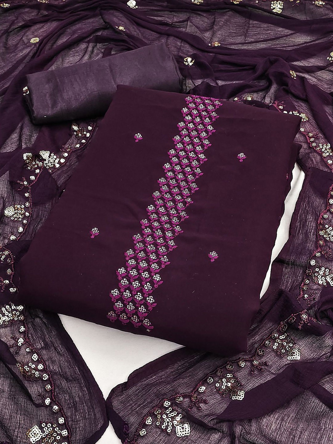 

LADY SHOPI Floral Embroidered Sequinned Silk Georgette Unstitched Dress Material, Purple